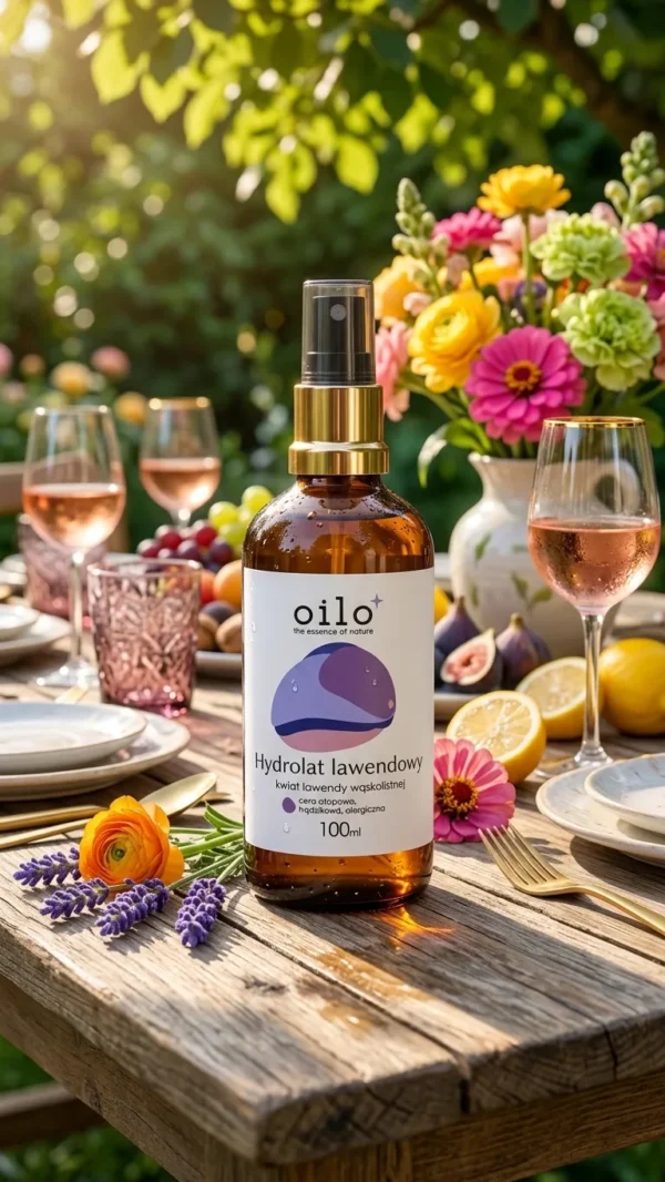 Hydrolat lawendowy 100 ml na stole z kwiatami i cytrusami