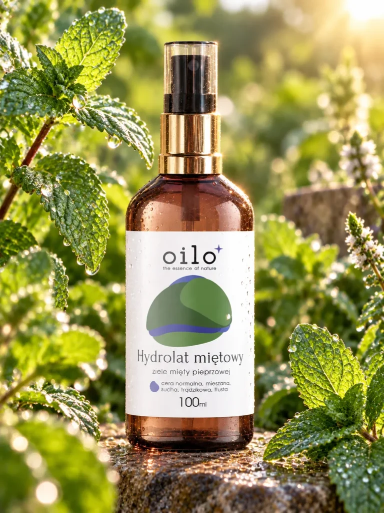 Hydrolat miętowy 100 ml wśród zielonych liści mięty w ogrodzie