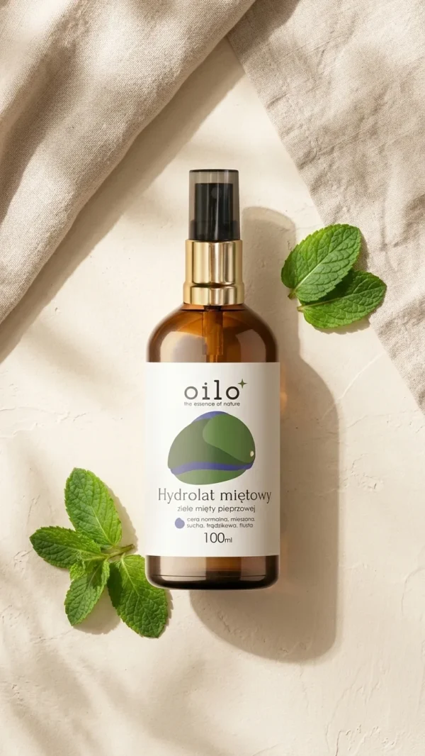 Hydrolat miętowy 100 ml na jasnym tle z listkami mięty, widok z góry