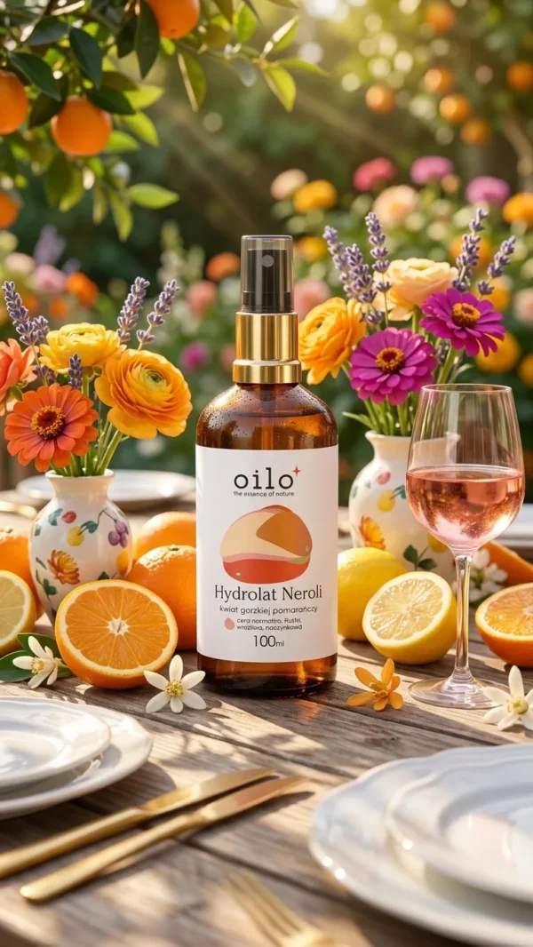 Hydrolat neroli 100 ml na stole z pomarańczami, cytrynami i kwiatami