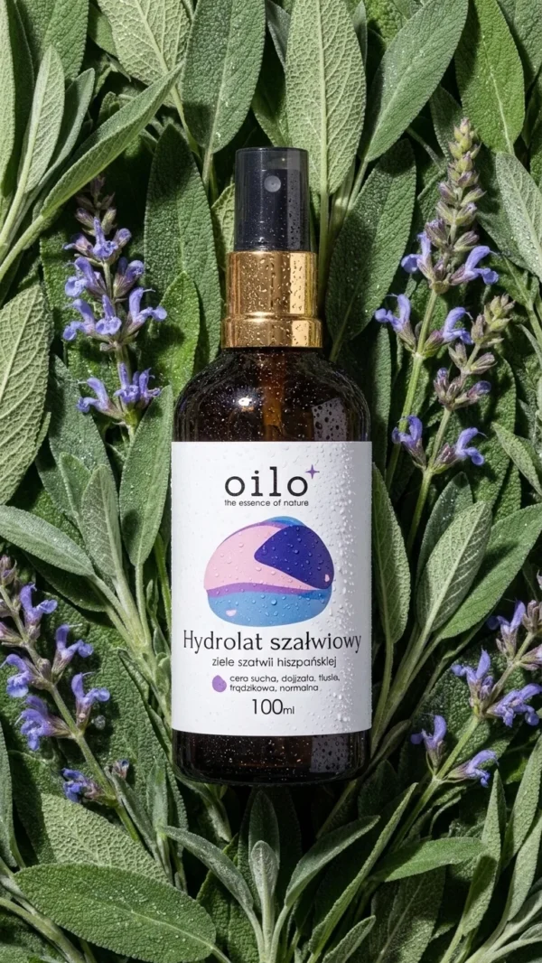 Hydrolat szałwiowy 100 ml wśród liści i fioletowych kwiatów szałwii