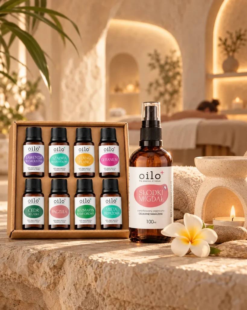 Aroma Power – zestaw olejków i olejek do masażu na kamiennym stoliku ze świecą