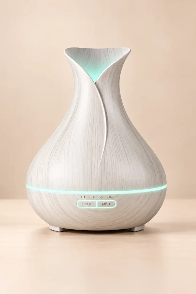 Dyfuzor ultradźwiękowy do aromaterapii Aroma Tulipan w kolorze białego drewna w kształcie tulipana – mockup