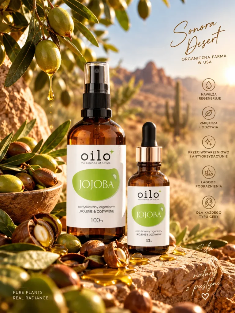 Olej jojoba – grafika z opisem i butelkami 100 ml i 30 ml na tle pustyni