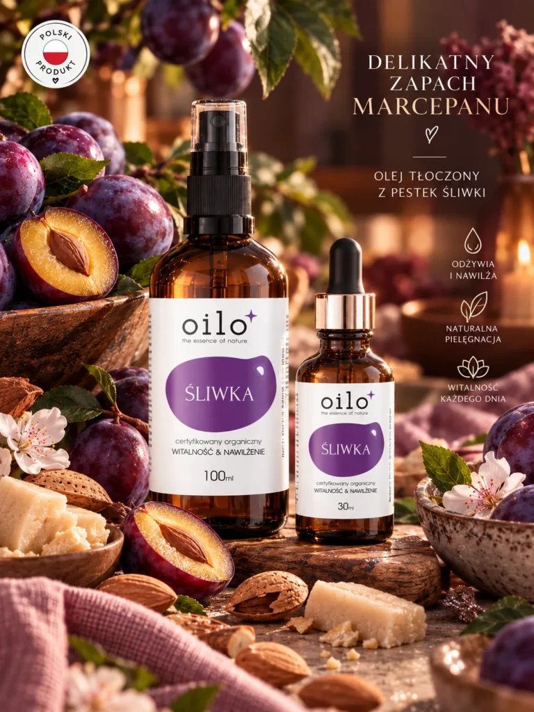 Olej śliwkowy – grafika z butelkami 100 ml i 30 ml, śliwkami i marcepanem