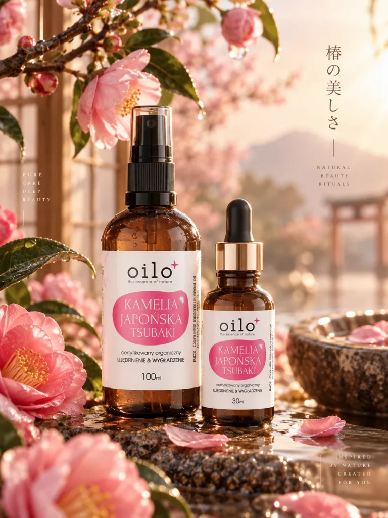 Olej tsubaki Oilo 100 ml i 30 ml wśród kwiatów kamelii w japońskim ogrodzie
