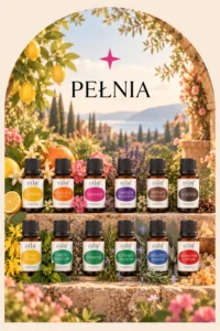 Pełnia – grafika z dwunastoma olejkami eterycznymi w śródziemnomorskim ogrodzie z cytrusami