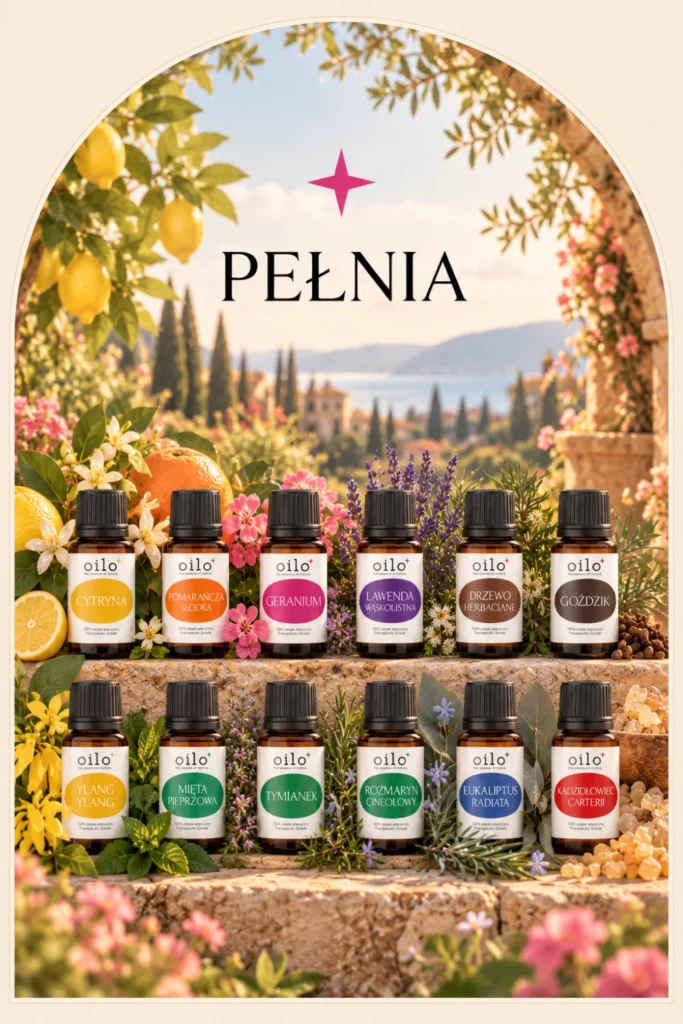 Pełnia – grafika z dwunastoma olejkami eterycznymi w śródziemnomorskim ogrodzie z cytrusami