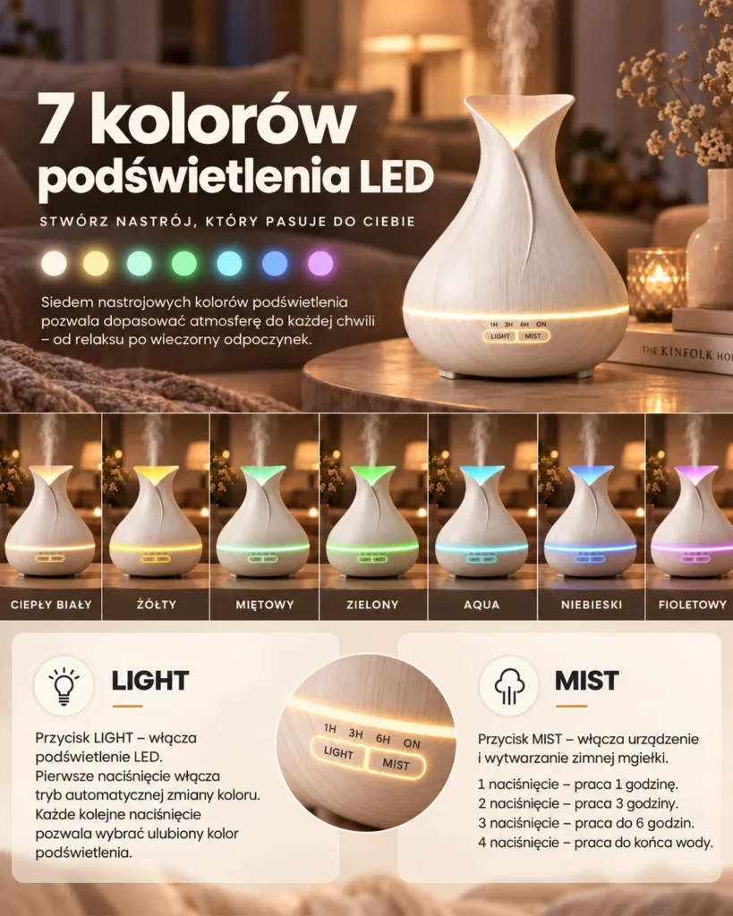 Dyfuzor ultradźwiękowy do aromaterapii Aroma Tulipan w kolorze białego drewna w kształcie tulipana – podświetlenie