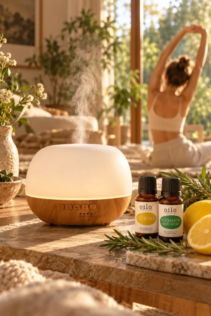 Dyfuzor Aroma Sphere w porannym świetle obok olejków cytrusowych i kobiety ćwiczącej jogę