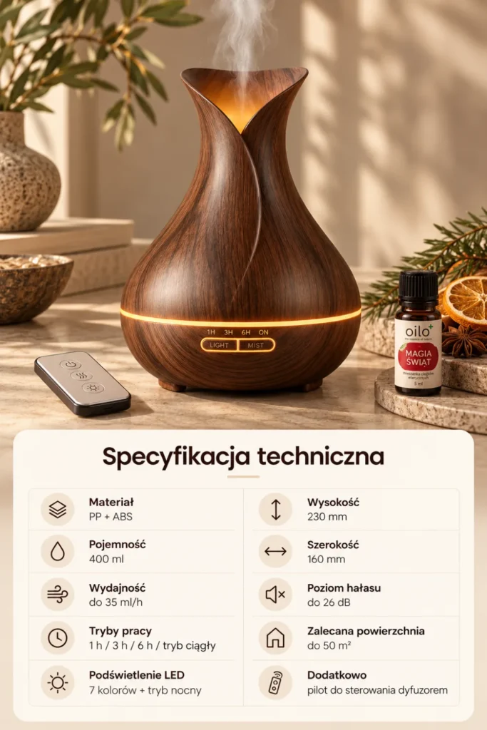 Dyfuzor ultradźwiękowy do aromaterapii Aroma Tulipan w kolorze ciemnego drewna w kształcie tulipana – specyfikacja i wymiary