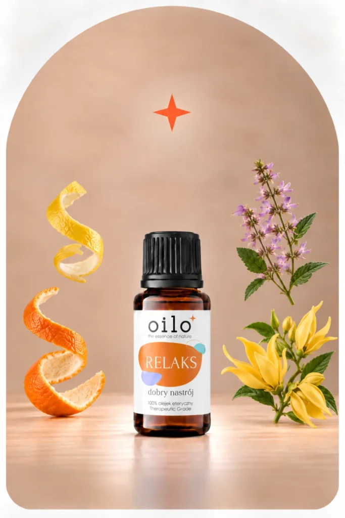 Relaks mieszanka olejków – butelka wśród skórek pomarańczy, szałwii i ylang ylang