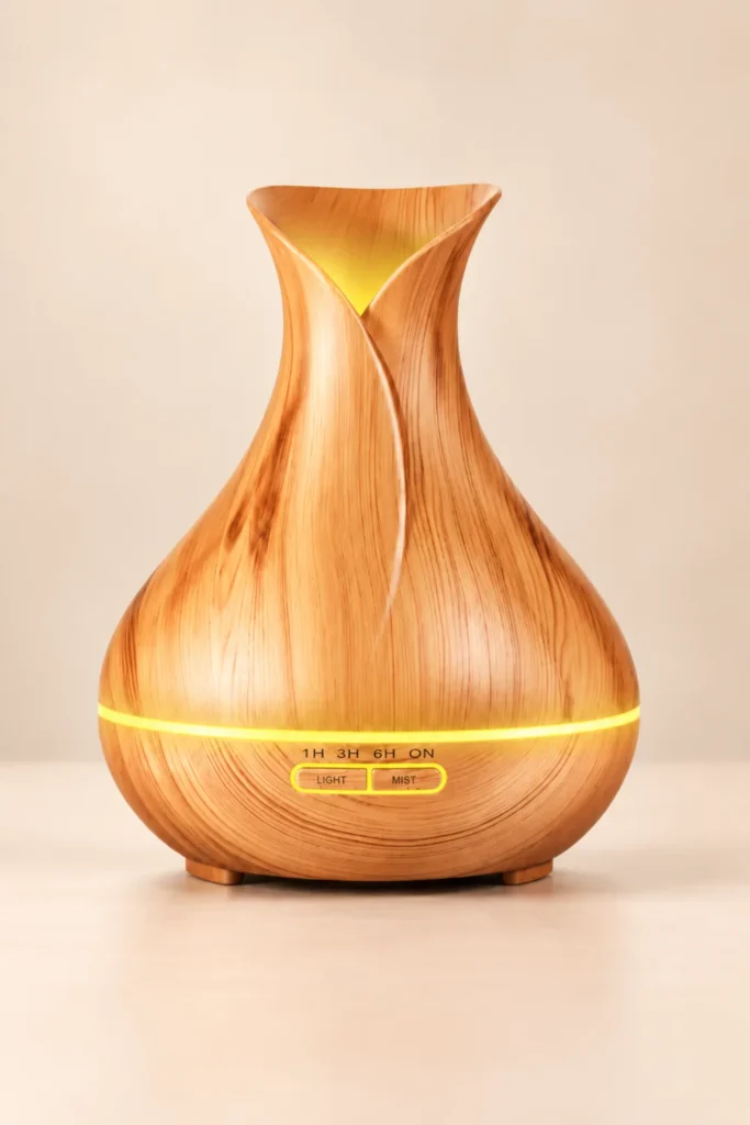 Dyfuzor Aroma Tulipan z jasnego drewna ze żółtym podświetleniem