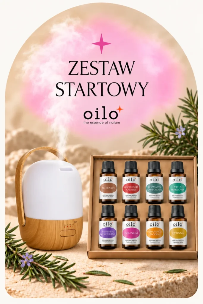 Zestaw Startowy – przenośny dyfuzor Aroma Sweet z drewnianym uchwytem i 8 olejków w pudełku