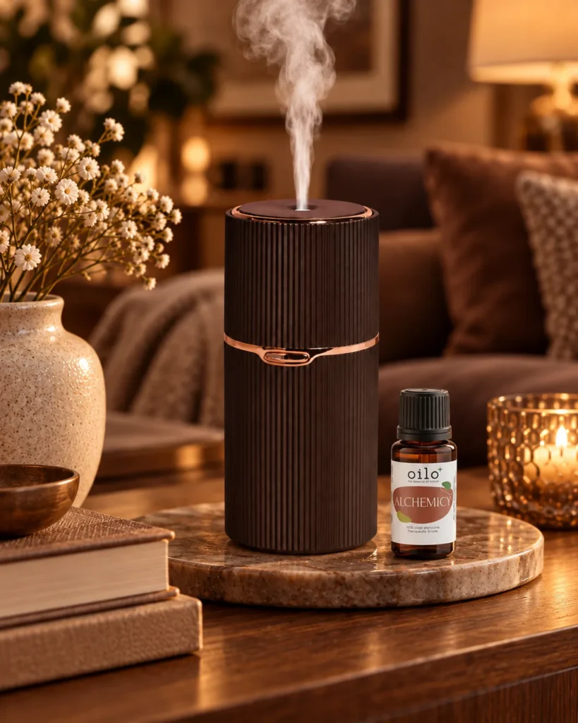Dyfuzor Aroma Cup czekoladowy na stoliku obok olejku w przytulnym wnętrzu