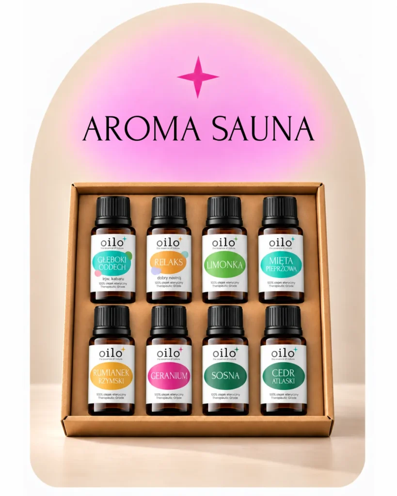 Aroma Sauna – zestaw 8 olejków eterycznych w pudełku, grafika na łuku