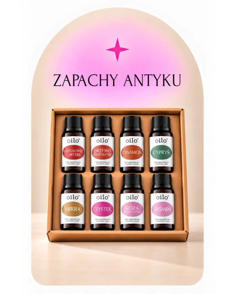 Zapachy Antyku – zestaw 8 olejków eterycznych w pudełku, grafika na łuku