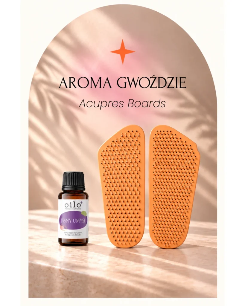 Aroma Gwoździe – grafika na łuku z pomarańczowymi deskami do akupresury i olejkiem lawendowym