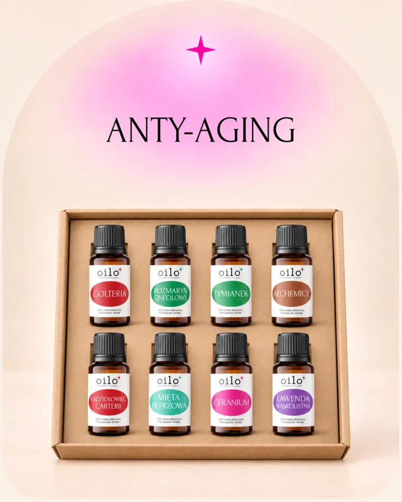 Anty-Aging – grafika na łuku z zestawem 8 olejków eterycznych w pudełku
