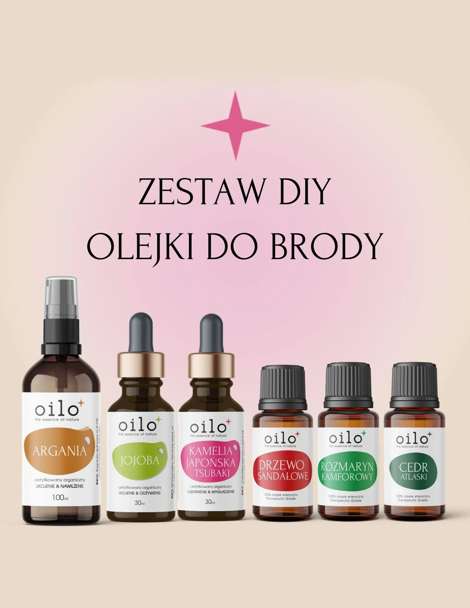 OLEJKI DO BRODY — zestaw DIY: argan 100 ml, jojoba, kamelia tsubaki oraz olejki drzewo sandałowe, rozmaryn kamforowy i cedr atlaski