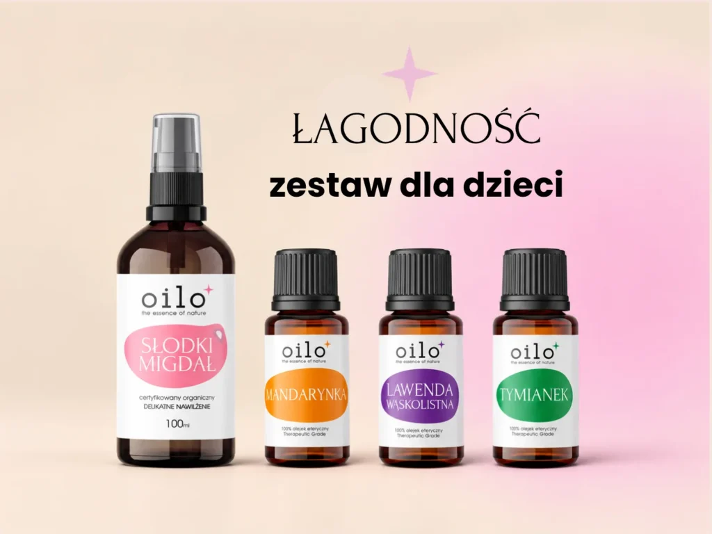 Łagodność – zestaw dla dzieci: olej migdałowy i trzy olejki, grafika okładkowa