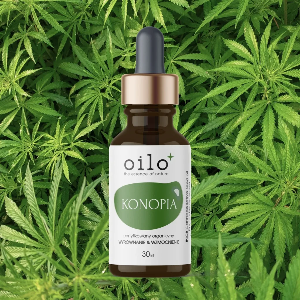 Olej konopny Oilo 30 ml z zakraplaczem wśród liści konopi