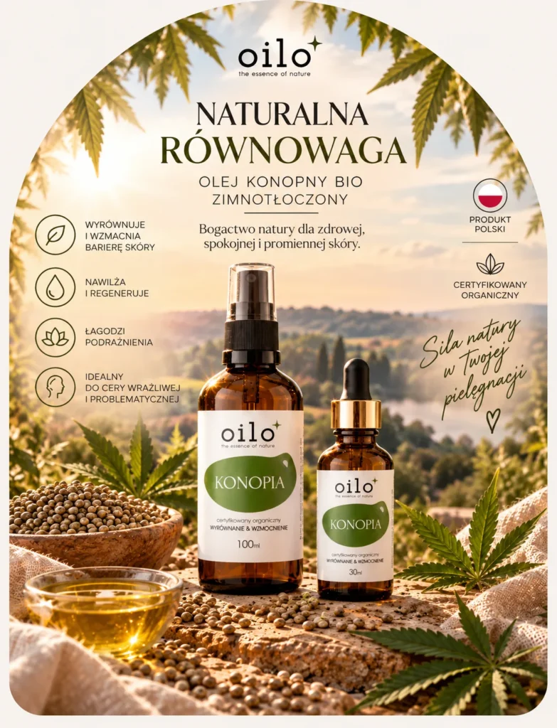 Olej konopny – grafika „Naturalna równowaga” z butelkami 100 ml i 30 ml