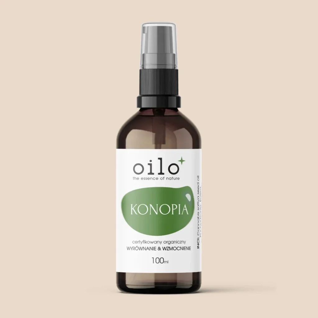Olej konopny Oilo 100 ml na beżowym tle