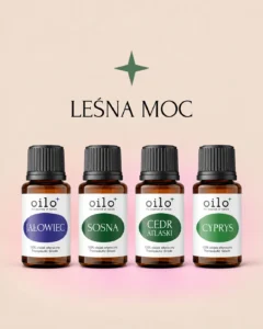 Leśna Moc – zestaw 4 olejków (jałowiec, sosna, cedr, cyprys), grafika na łuku