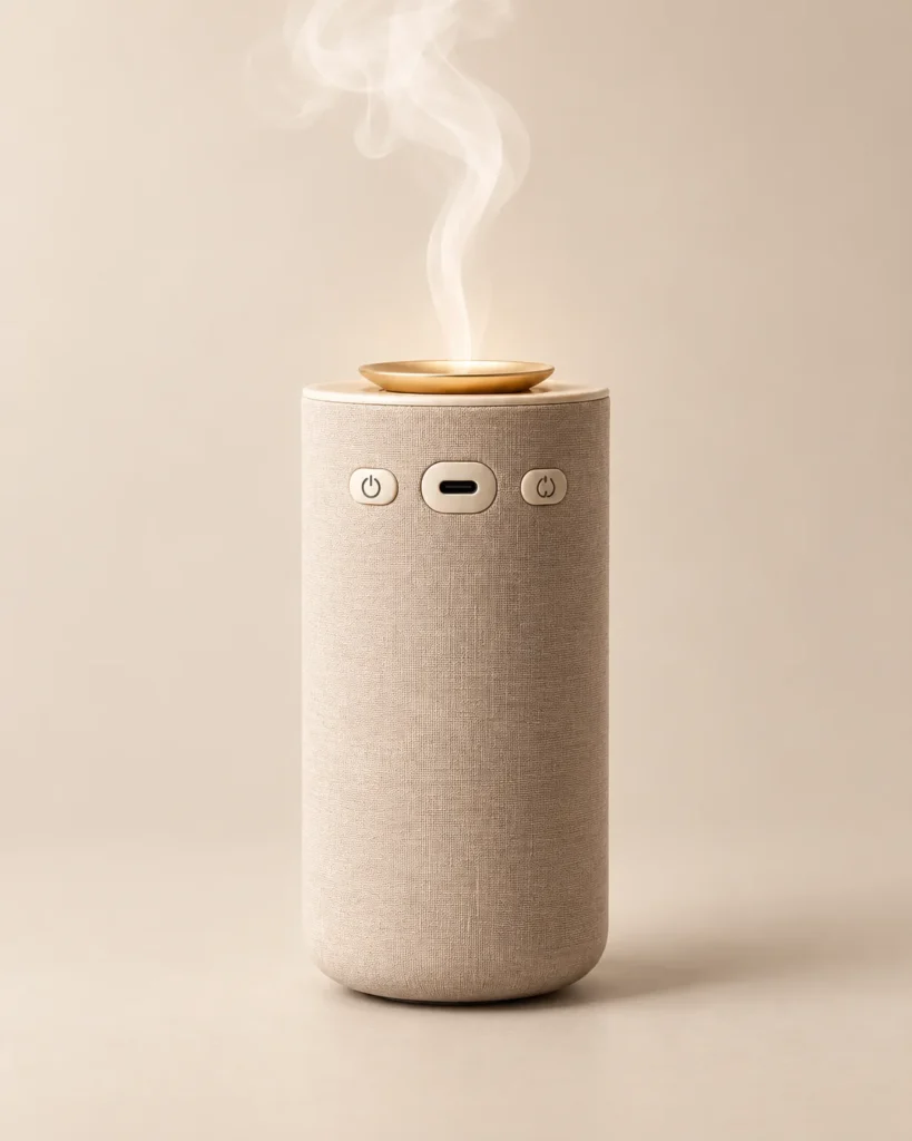 Dyfuzor bezwodny AROMA VIA w kremowo-beżowej obudowie z tkaniną