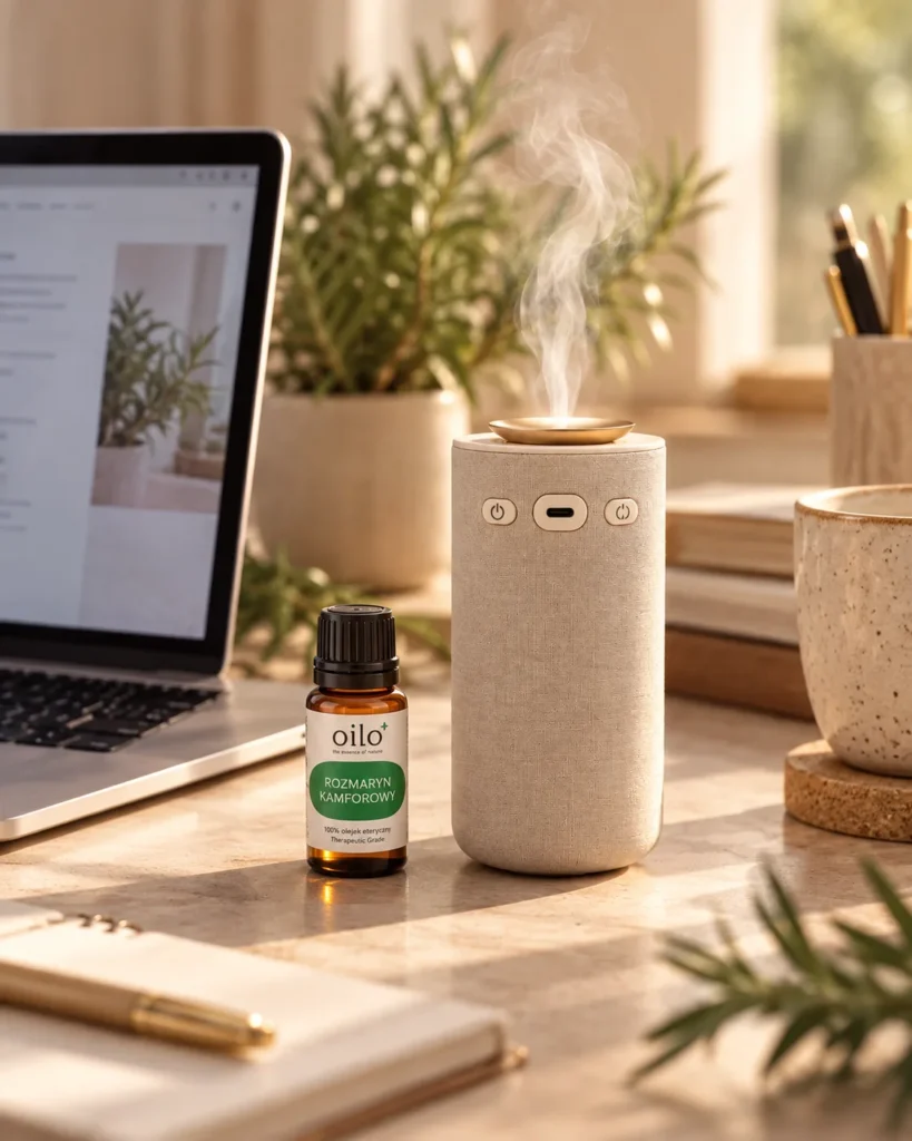 Dyfuzor AROMA VIA na biurku obok laptopa i olejku eterycznego Oilo