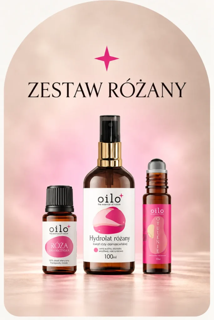 Zestaw Różany Oilo – olejek, hydrolat i roll-on różany, grafika na łuku